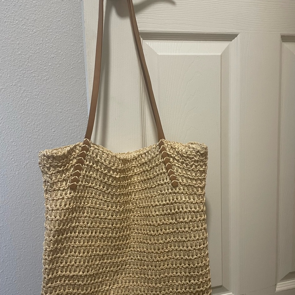 Beige Woven Tote Bag with Tan Straps